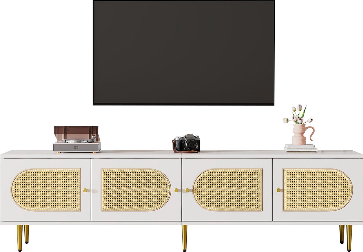 Merax TV‑meubel 180×40×50 cm – Wit met Rattan Deuren – Voor TV’s tot 80 inch – Verstelbare Legplanken & Kabelmanagement – Moderne Opbergkast