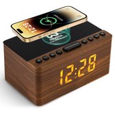 Neveda Digitale Wekkerradio Met Draadloze Oplader Telefoon - Wekkers digitaal op netstroom - Klokradio Slaapkamer - Voor kinderen & Volwassenen - Bruin houtlook