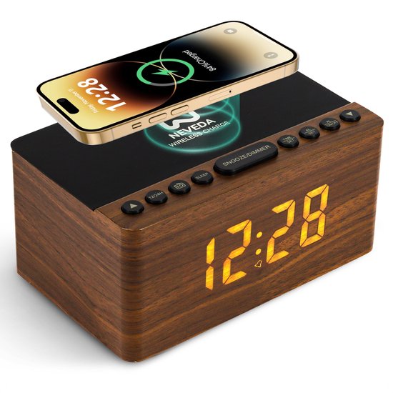 Neveda Digitale Wekkerradio Met Draadloze Oplader Telefoon - Wekkers digitaal op netstroom - Klokradio Slaapkamer - Voor kinderen & Volwassenen - Bruin houtlook