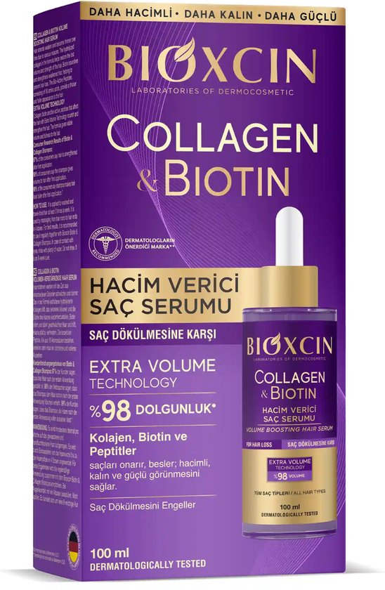 Verpakking van Bioxcin Collageen & Biotine haarserum met tekst in het Turks en Engels, '98 Dolgunluk' (98% volheid) en 'Volume Boosting Hair Serum'.