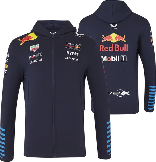 Donkerblauwe hoodie, voor- en achterkant. Met Oracle, Red Bull Racing, BYBIT, HONDA logo's en blauwe mouwstrepen.