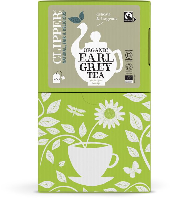 Clipper Organic Earl Grey thee, 250 plastic-vrije theezakjes, met Fairtrade en B Corp certificering.