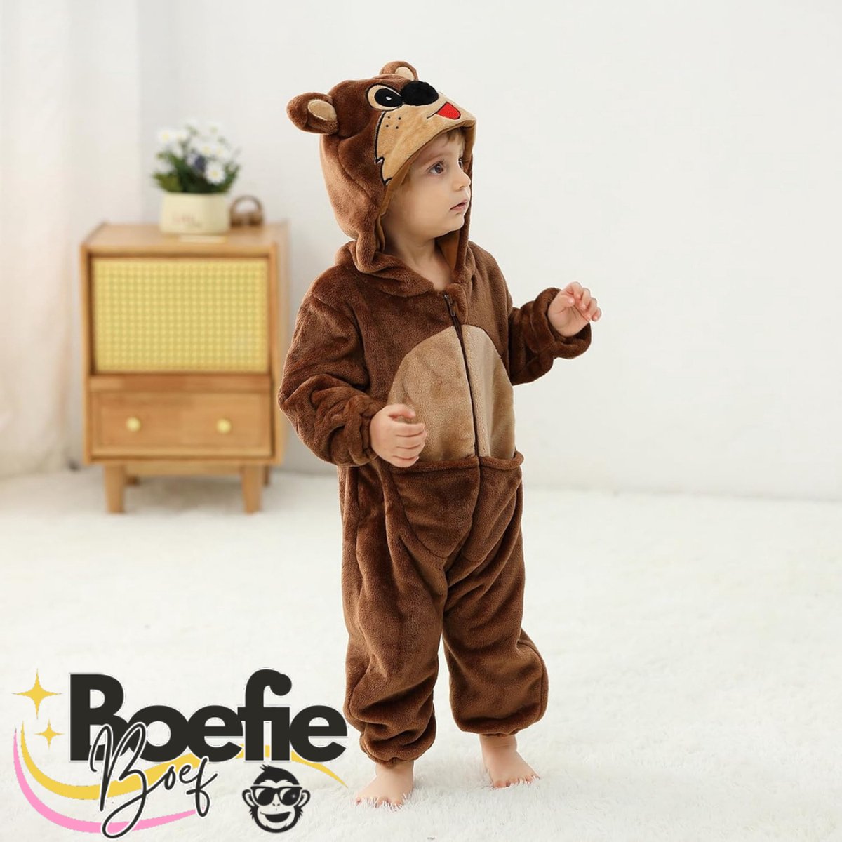 BoefieBoef Dieren Baby Onesie Peuter Pyjama Kinderen 6 maanden tot 2 jaar – Verkleedkleding met Luierrits – Carnaval Dierenpak - Halloween en Kraamcadeau Tip – Zacht Flanel - Romper - Boxpak - Jongens - Meisjes - Kruippak - Kangoeroe - Bruin — afbeelding 9