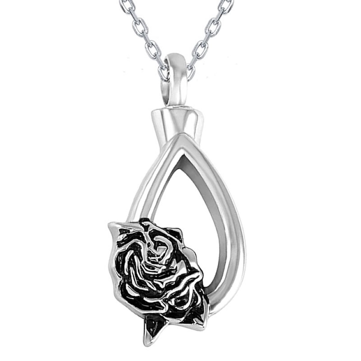 Ashanger - Urn - Traan Druppel met Roos - Assieraad - Asketting - Incl. verstelbare Ketting 46 - 52cm en vulsetje - Stainless Steel