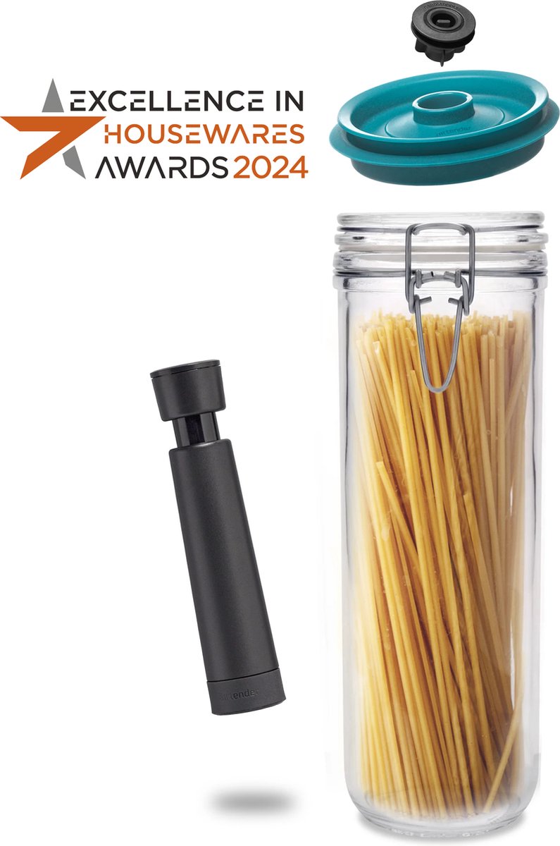 Airtender Spaghetti voorraadpot - Bormioli Pasta Pot 1500ml - Hoog model weckpot - incl. Vacuümdeksel & GRATIS Pomp