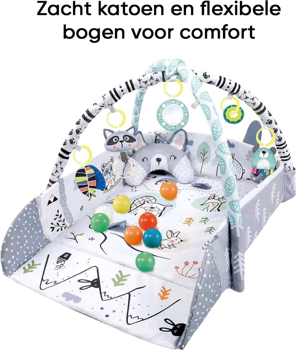 Multifunctioneel Speelkleed Baby + Buikligtrainer - Babygym met AANPASBARE WANDEN - Speelmat met Boog - Incl. 20 Ballen + 5 Speeltjes - Vanaf 0m+ — afbeelding 5