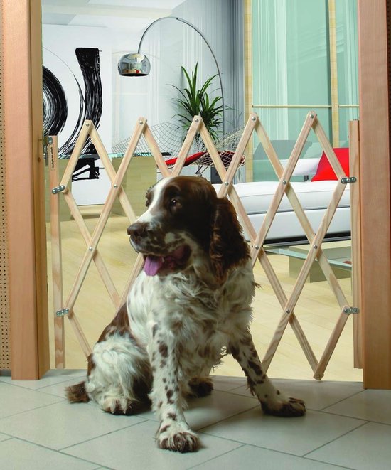 PawHut Hunde Absperrgitter aus Holz, Ausziehbares Türschutzgitter mit Fußstütze, Freistehendes