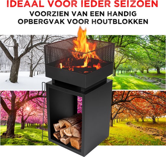 Zwarte vuurkorf met houtopslag, getoond in verschillende seizoenen.