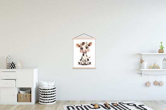 Posterhanger incl. Poster 60x80 cm - Schoolplaat - Koe - Baby dier - Boerderij dieren - Textielposter - Blanke latten