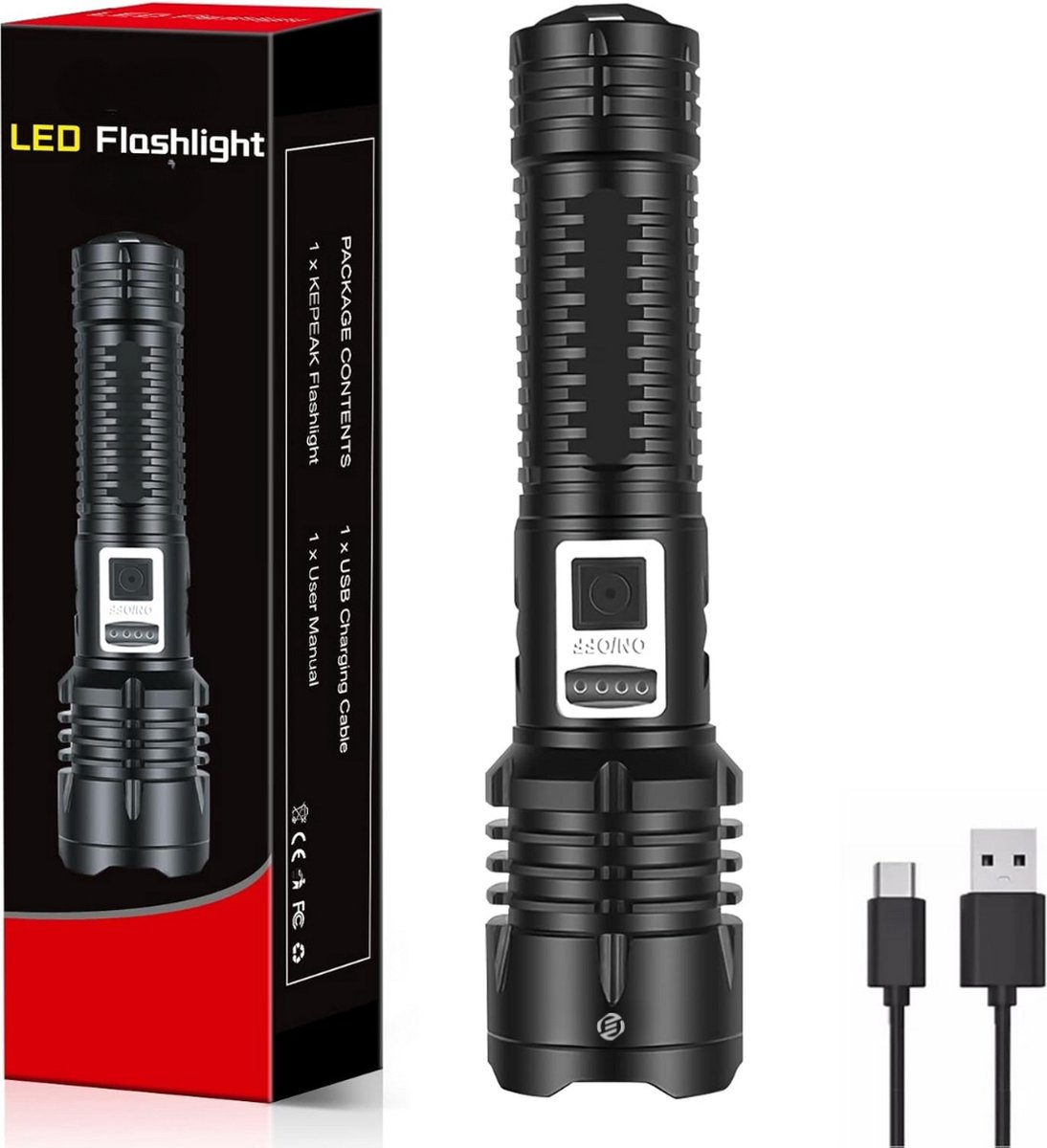 Equivera Militaire Zaklamp - Zaklamp LED Oplaadbaar - Meerdere Standen - Waterdicht - voor Thuis, Kamperen, Noodgevallen