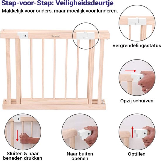 Houten babyhek met kliksysteem en instructies voor het openen en sluiten.