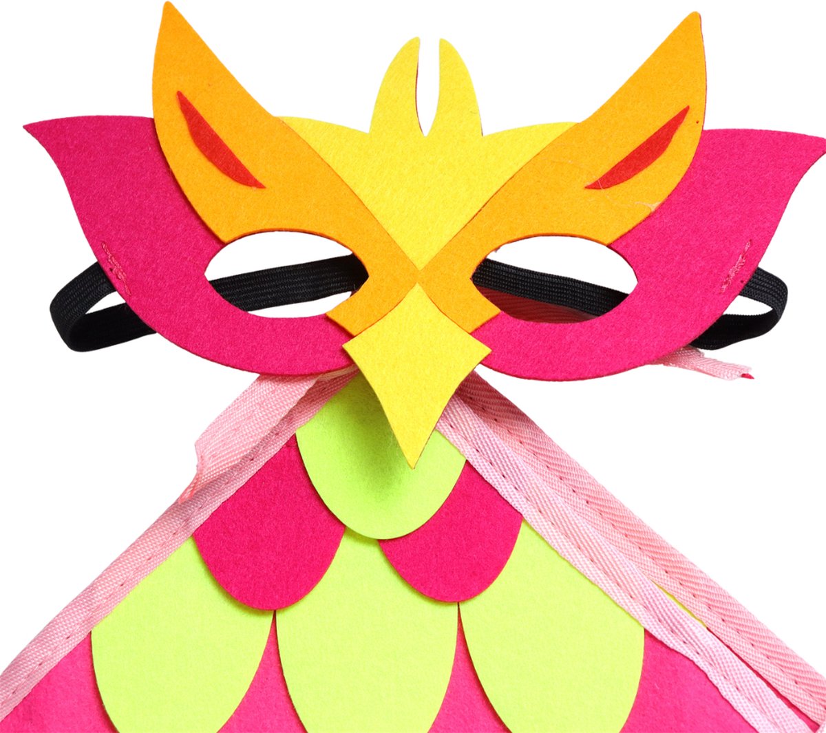 Joya Kids® Vogel Verkleedcape en Masker Fluo Roze en Geel | Cape met Masker van Vilt | Vilten Verkleedset | Verkleden Paradijsvogel | Meisje en Jongen Verkleedkleding | Cape Set | Carnaval en Halloween Outfit Kinderen — afbeelding 7