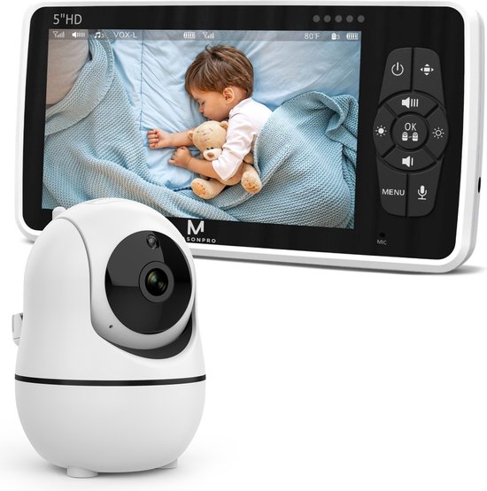 MasonPro Babyfoon - Babyfoon met Camera – Baby Monitor - Hondencamera - Huisdiercamera - Op Afstand Bestuurbaar - Uitbreidbaar Tot 4 Camera's - Temperatuursensor - Terugspreekfunctie - Video & Audio – Baby Camera - 5.0 Inch Scherm