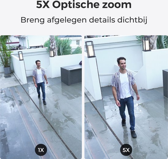 Vergelijking van een man die loopt, 1x zoom en 5x optische zoom, in een betegelde buitenruimte.