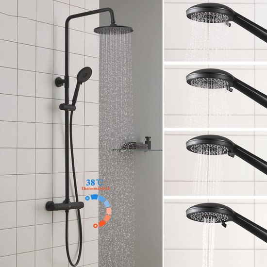 CECIPA max Regendouche Douchesysteem met Thermostaatkraan Zwart 38°C - Doucheset - Regendouches - Regendouche met 4 Functie Handdouche