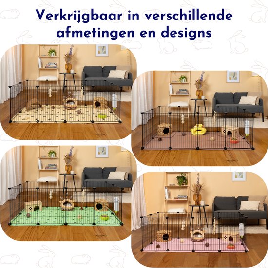 Vier configuraties van een ren voor huisdieren met gele, roze en groene matten, elk met speeltjes en voerbakjes.