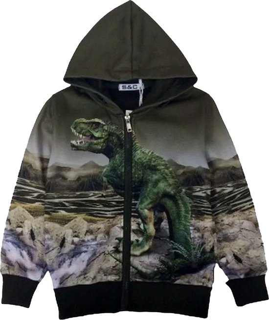Kinder vest met Dino Dinosaurus full color print | Capuchon | Kleur groen | Maat 98/104 | Sweatvest | T-rex | Supermooi!