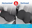 Zwart, ergonomisch gevormd lendensteunkussen voor in de auto. Horizontale en verticale plaatsing getoond.