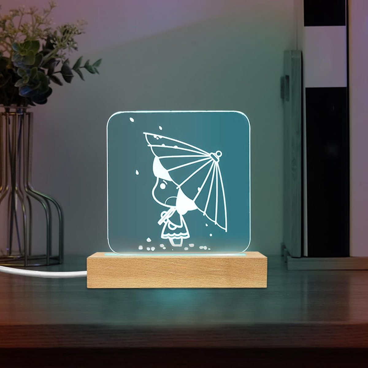JOJOCY Houten LED-verlichting displaybasis, warme kleur rechthoekige houten verlichte basisstandaard voor 3 mm dikke acrylplaat glazen plaat hars kunst (zwart, 2