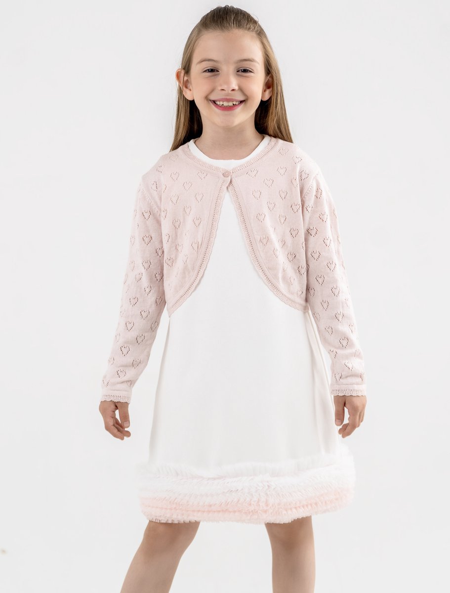 Minora Baby Bolero Meisjes- Gebreid Meisjesvest - Knoopsluiting - Ronde Hals - Lange Mouwen - Kort Lichaam- Dagelijks En Speciale Gelegenheden-Meisjesmode-Feestjurk-Roze met Hart- 9/10 Jaar-Sinterklaas cadeautjes