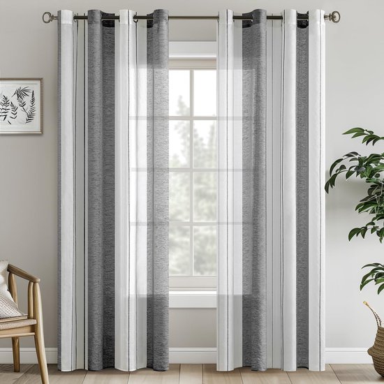 Topfinel Gordijnen, gestreept, met ringen, wit, 140 x 145 cm, half- transparant, set van 2 gordijnen met strepen patroon, decoratie voor kinderkamer, woonkamer, slaapkamer, kleur wit