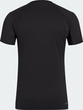Zwart t-shirt met korte mouwen, ronde hals en mesh inzetstukken op de schouders.