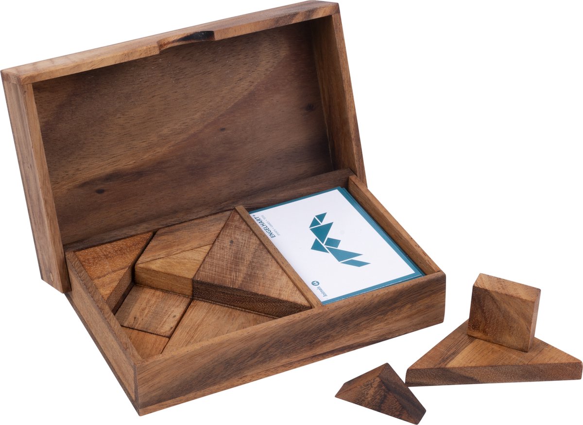 Longfield Tangram animals - houten puzzelspel - acaciahout - dieren vormen - inclusief opbergkistje - engelhart