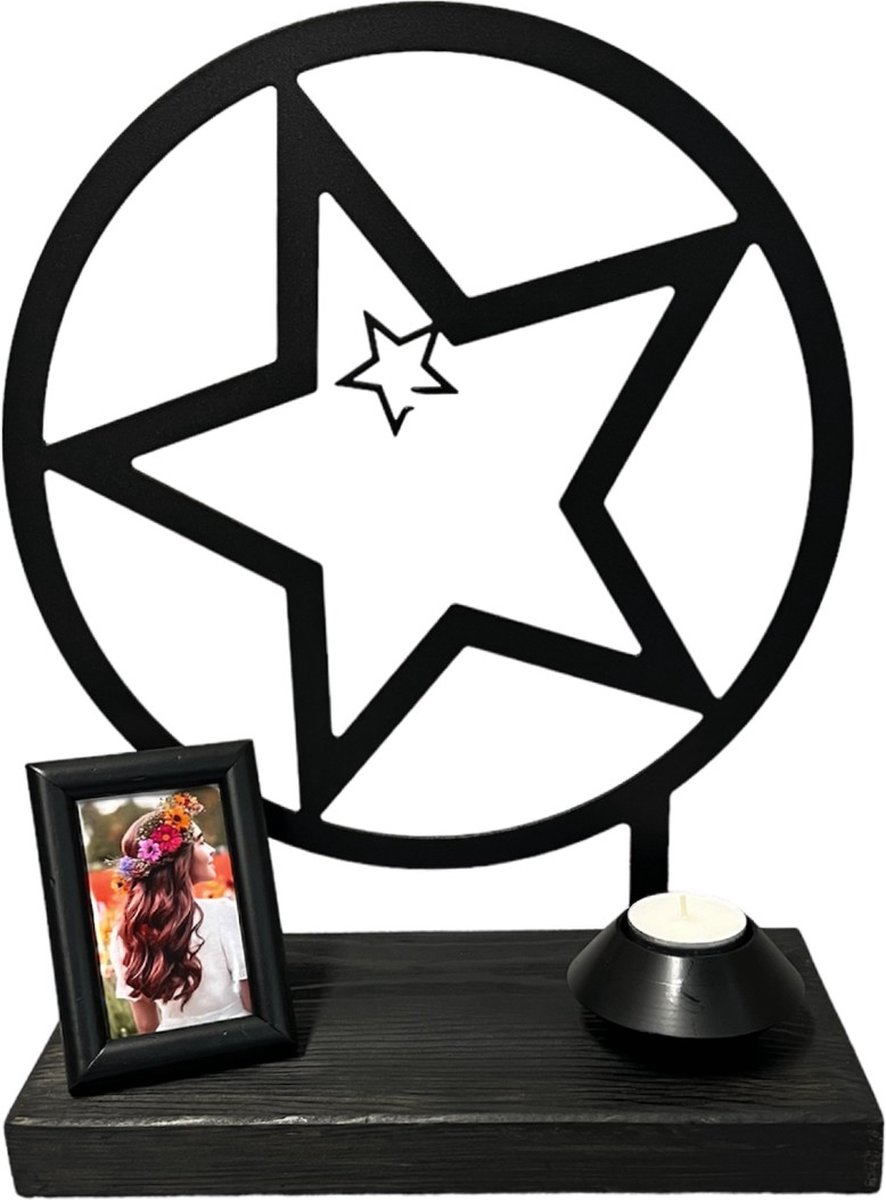 Keepsake urn - Ster - zwart gecoat staal - massief houten sokkel - 28cm - exclusief design - mini urn - Gedenkbeeld