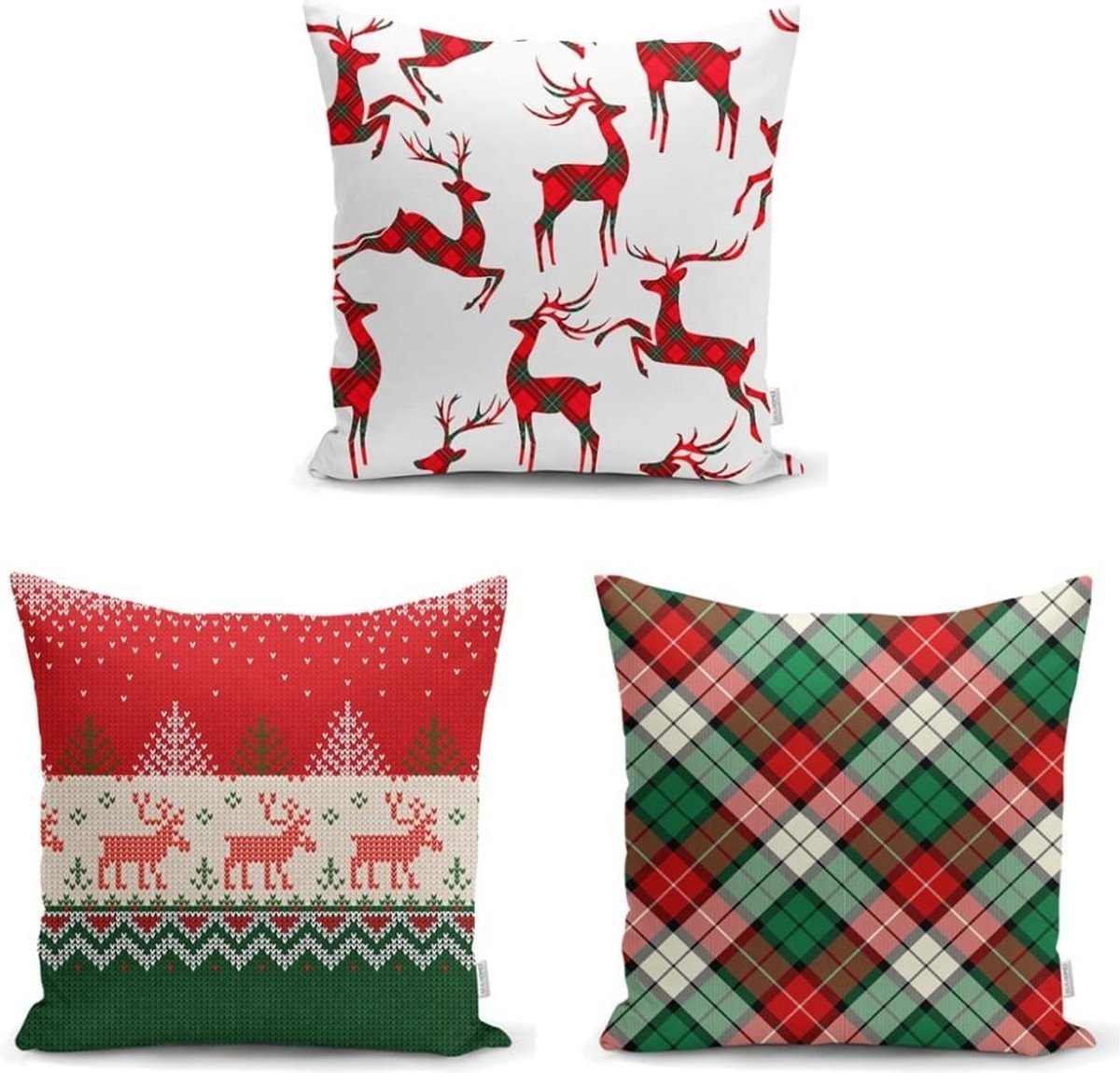 De Groen Home Kussenhoesjes - Kussenhoes velvet set van 3 - 45x45 cm - Kerst rendieren - Christmas - Kussenloop Rood