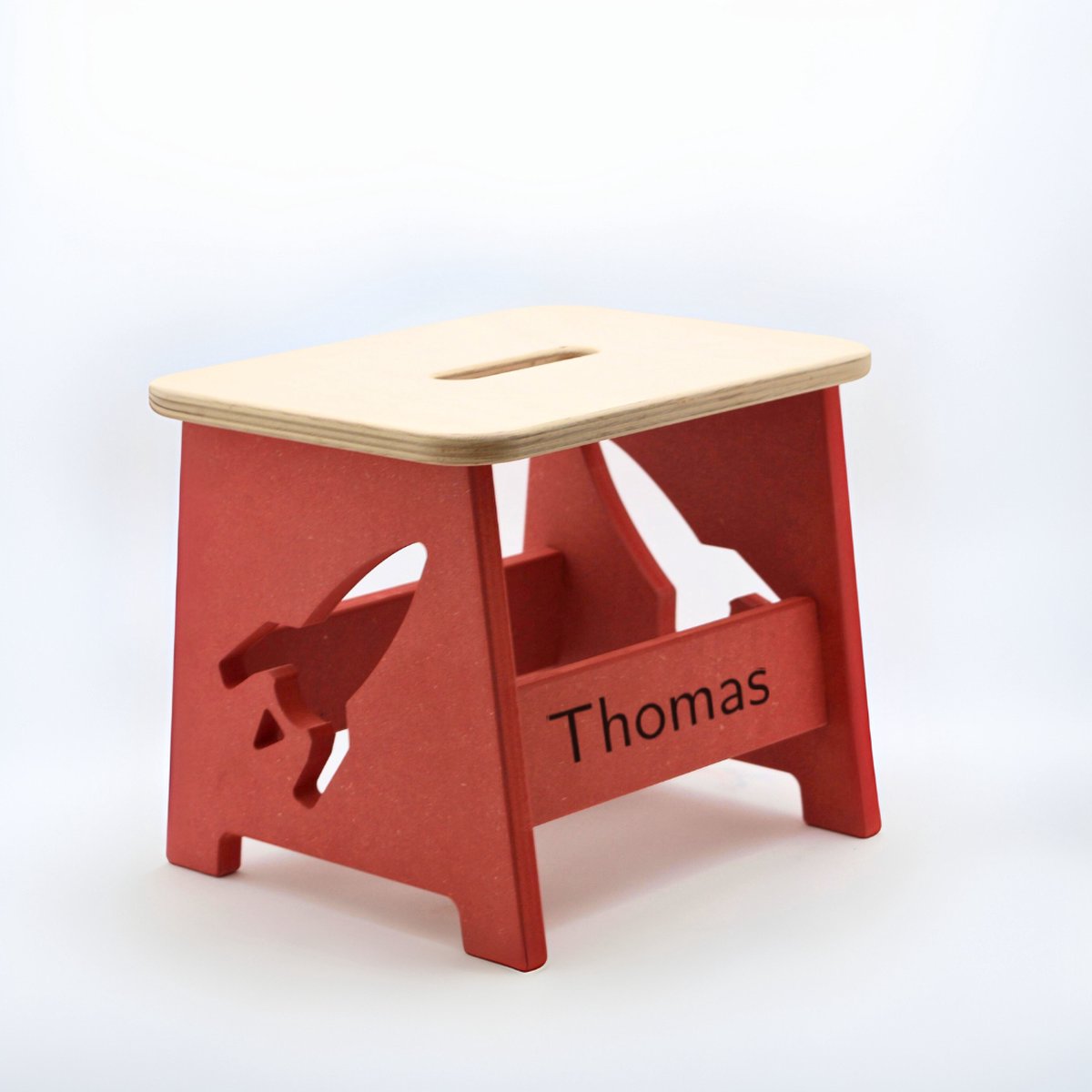 Houten kruk voor kinderen met eigen naam - Kinderkruk - Opstapje - Opstapje - Rood - Raket - Gepersonaliseerd cadeau