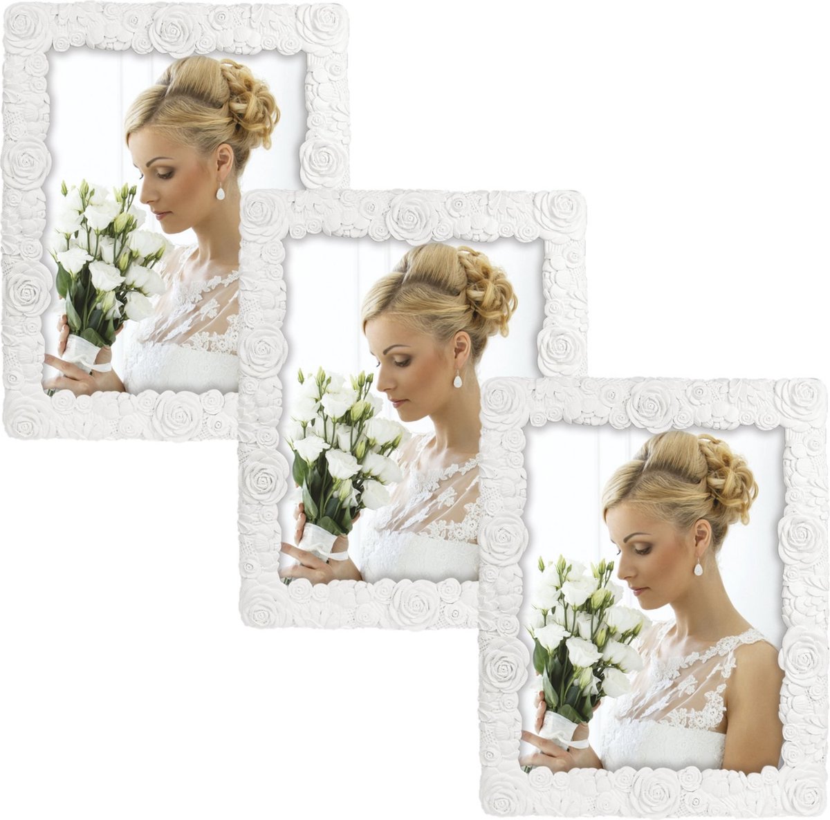 Zep 3x stuks kunststof fotolijst wit met bloemen motief geschikt voor een foto van 15 x 20 cm