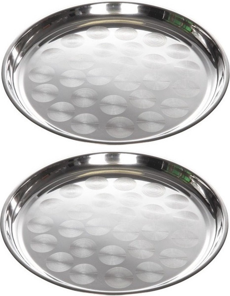 Cosy & Trendy Dienblad - 2x - RVS - rond - 36 cm - zilver - hapjes serveren - servies