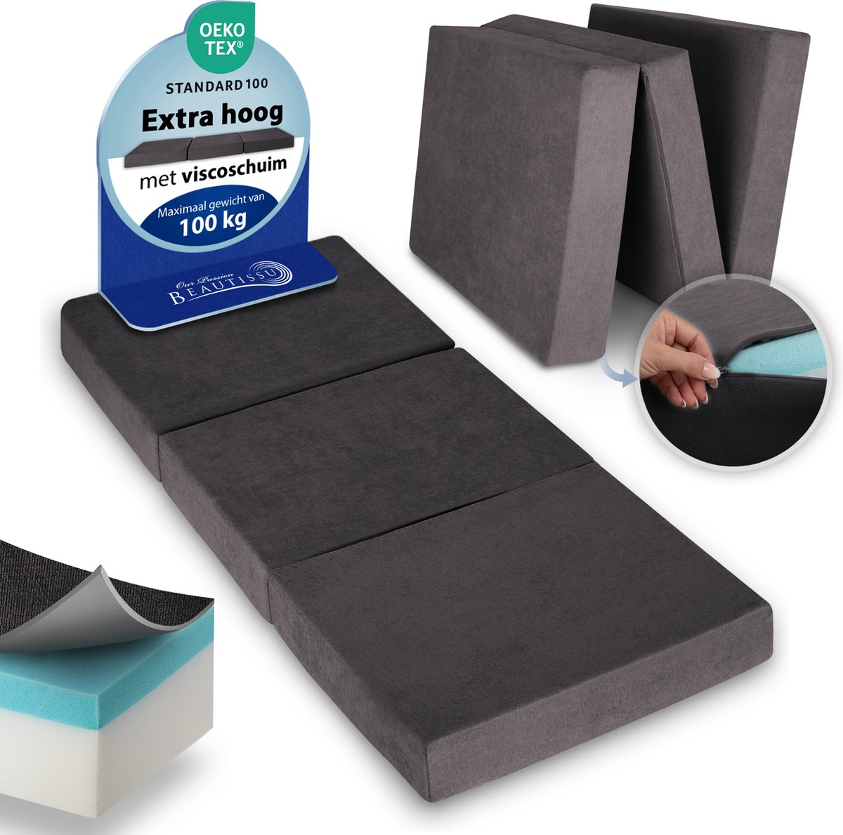 Beautissu VS95 – Premium Opvouwbaar Matras L 75x195cm – Extra Dik 14cm Traagschuim Vouwmatras H3 – Wasbar – Eenvoudig Transport – Antraciet