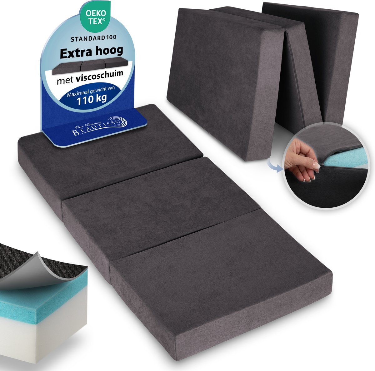 Beautissu VS95 – Premium Opvouwbaar Matras XL 90x200cm – Extra Dik 14cm Traagschuim Vouwmatras H3 – Wasbar – Eenvoudig Transport – Antraciet
