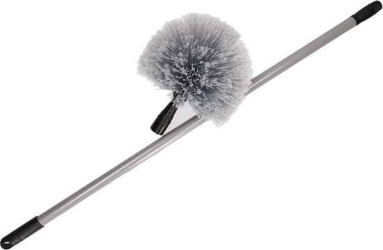 Grijze plumeau met uitschuifbare steel, op een witte achtergrond.
