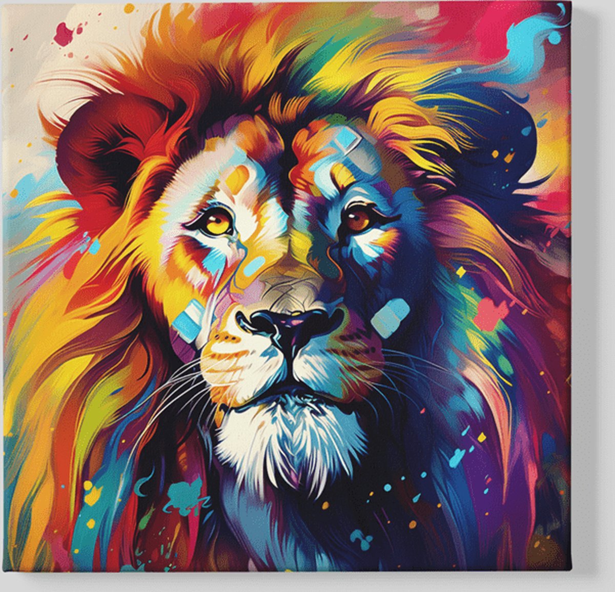 Trendex Global Vierkant Canvas Schilderij - Leeuw - Kleurrijk - Wilde Dier - 100x100x2 cm