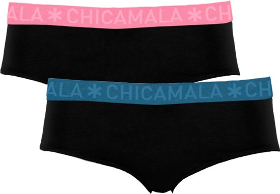 Twee zwarte meisjesbroekjes met logo-elastiek in roze en blauw.