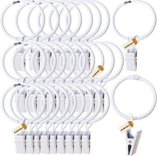 35 stuks te openen gordijnclips met ringen, wit, 6,5 cm sterk metalen decoratief, roestvrije gordijnen open klemmen, gordijnroede clips hangers voor badkamer, woonkamer en logeerkamer