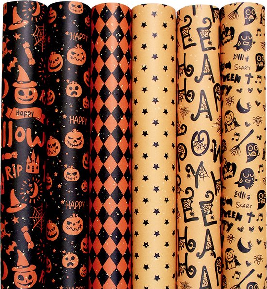 Inpakpapier 6 Rollen - Cadeaupapier - Duurzaam - Milieuvriendelijk & Plasticvrij - Scheurbestendig - 50x70cm - Verjaardag - Decorations - Kadopapier - Party Assortiment - Verschillende Dessins - Halloween - Pompoen/ Vleermuis/Heksenhoed/ Ster