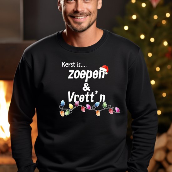 Unisex kersttrui- Kerst is Zoepen & vrett'n- Maat 3XL- Zwart-Foute kersttrui.