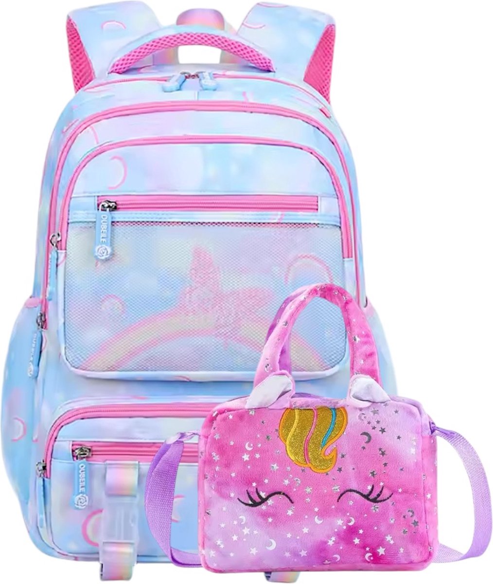 Ultiluxe® Schoolrugzak met lunchtas - Blauw/roze/paars - 2 stuks - Schooltas voor kinderen - 19 L en 2 L - Rugtas met vlinder en regenboog - Kleine velvet unicorn schoudertas met sterrenprint - 2-delige eenhoorn tassen set voor meiden