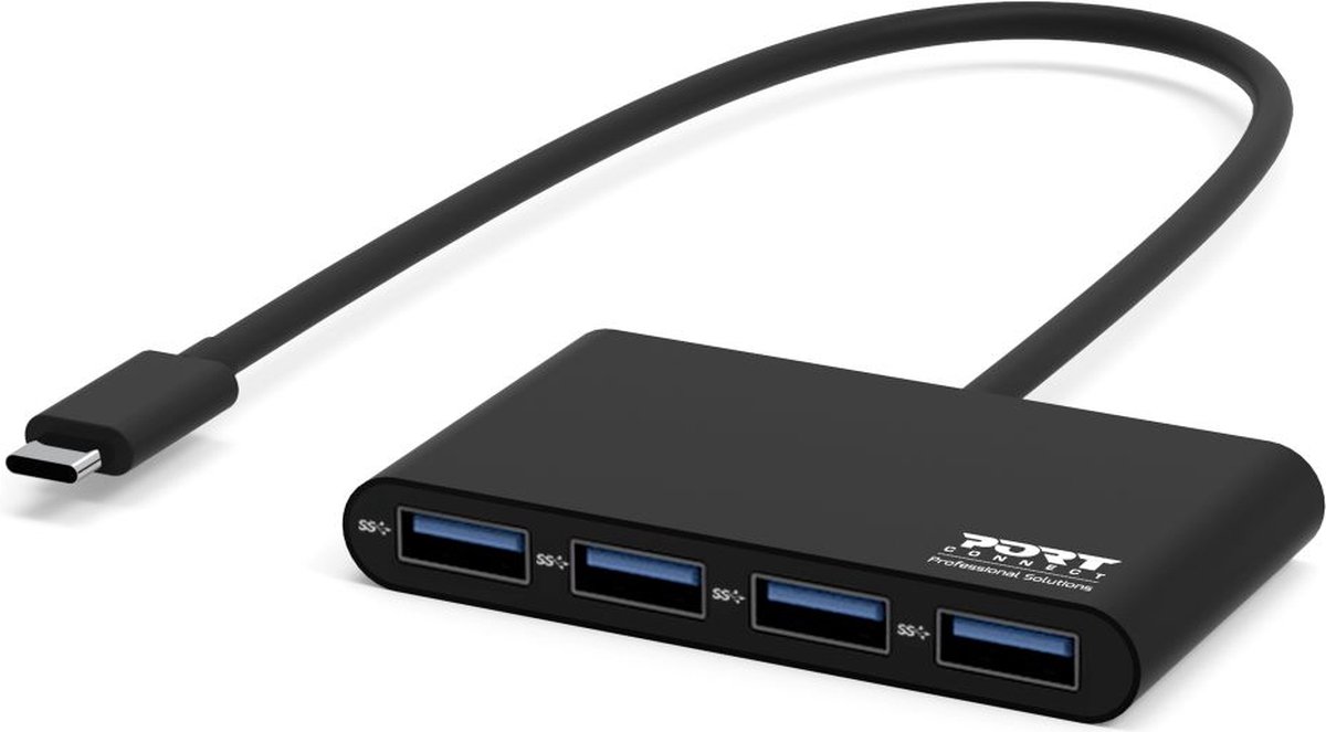 Port Connect - Mobiele USB-C Hub - 4x USB-A 3.0 Poorten - 30 cm Kabel - Zwart