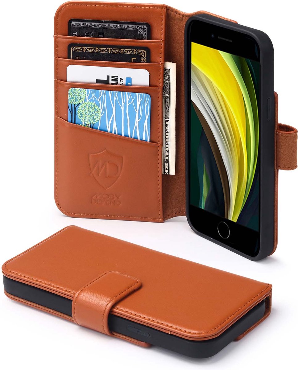 MobyDefend Hoesje - Geschikt voor iPhone SE (2020/2022) / iPhone 7 / iPhone 8 - Luxe Leren Wallet Bookcase - Lichtbruin