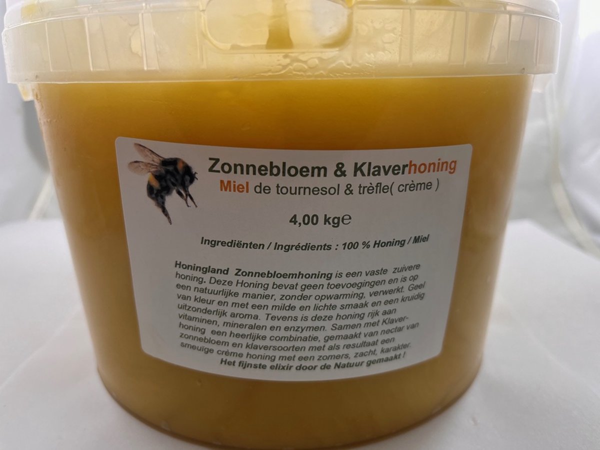 Honingland : Zonnebloem & Klaverhoning , Miel de tournesol & trèfle ( crème ) 4,00 kg