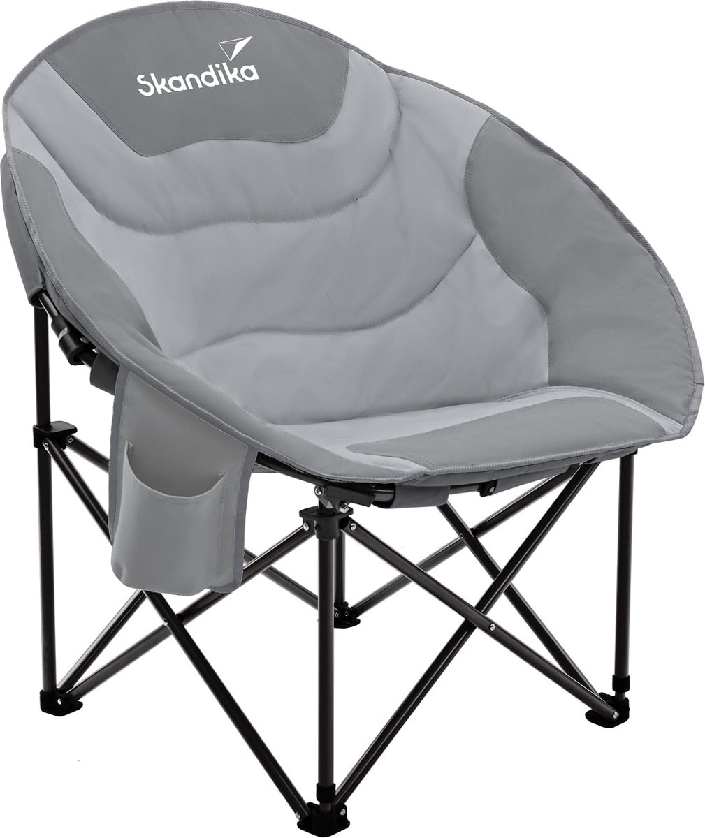 Skandika Moonchair Sirkka - Comfortabele campingstoel, gevoerd, opvouwbaar, koelvak, bekerhouder, draaggreep en draagtas, antislipvoeten, max. 150 kg | Camping fauteuil, maanstoel (zwart/grijs)