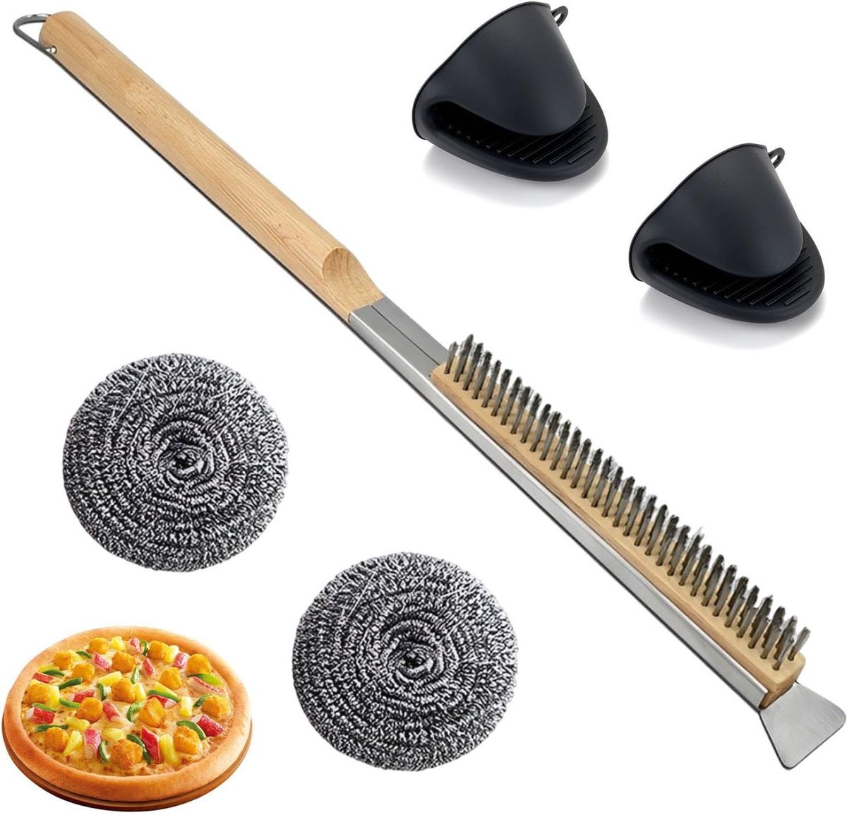 Pizza Oven Borstel Reinigingsborstel Met Schraper Barbecue Grill Cleaning Tool Houten Handvat Keuken Accessoires Schoonmaakborstel Poker