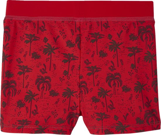 Rode zwembroek met palmbomen, vogels en waterpatroon.