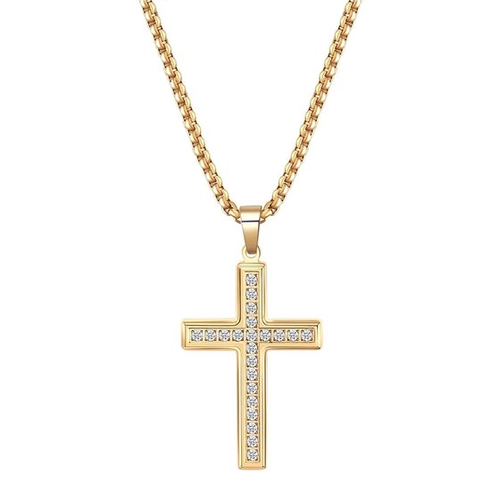 Gerecycled stalen goldplated herenketting met hanger kruis | Lucardi-BE