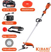 Kibani Accu Bosmaaier - Incl. 2x 21V Accu en Oplader - Elektrische Bosmaaier - met 15CM Onkruidborstel - met Maaidraad, Zaagblad en Draadkop - Grastrimmer - Kantenmaaier