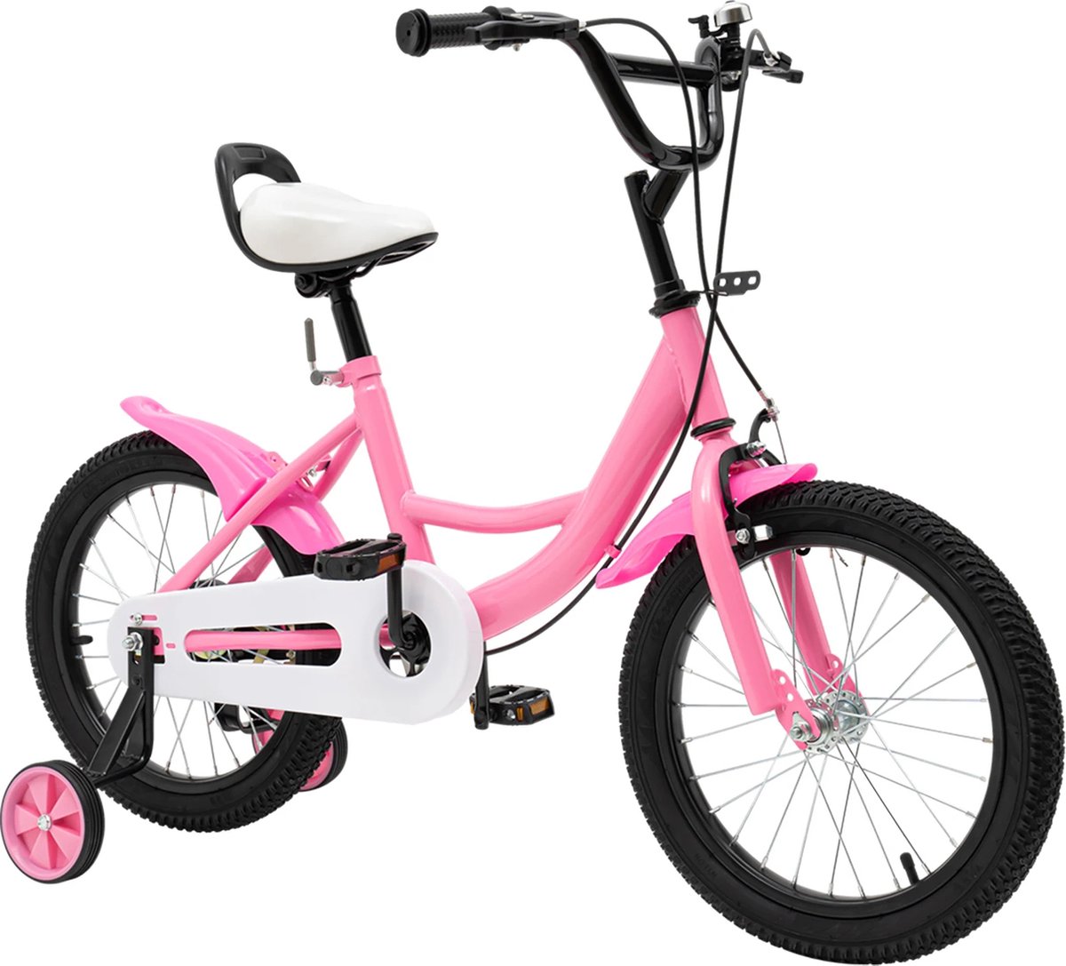 Kinderfiets Roze - Meisjes Fiets - Veiligheidskinderfiets - 5-8 Jaar - 16 Inch - Verstelbaar Ontwerp - Dubbele remmen - Anti-slip banden - Antislip Handvaten - Comfortabel zadel - Inclusief Fietsbel, 2 Zijwielen & Veiligheids Handvat Aan Zadel